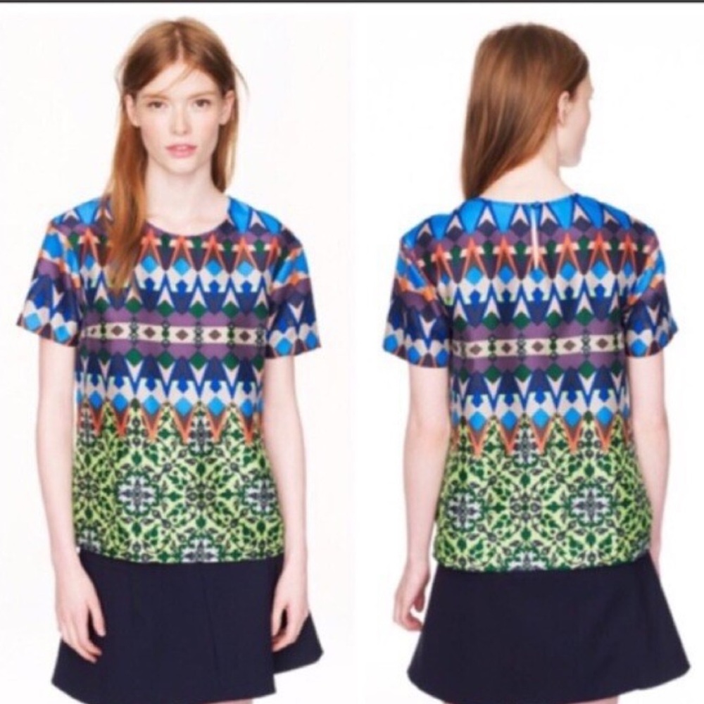 J. CREW Women's Multicolor Abstract 100% Silk Short Sleeve Blouse Size 6 Medium